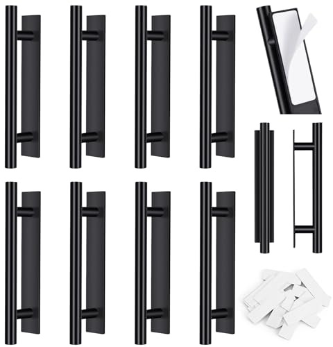 Classicseali Set med 8 självhäftande dörrhandtag i ABS-plast utan borrning för kök, badrum, skåp, fönster, lådor (svart, 15 cm)
