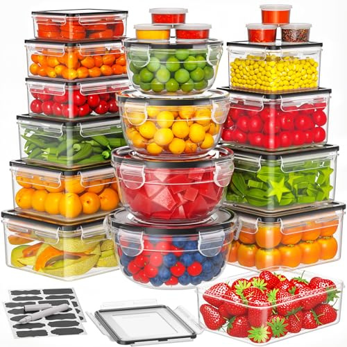 Wwtop 42Pcs Food Storage Containers with Lids(21 Tubs & 21 Lids), Airtight Plastic Meal Prep Containers with Labels & Pen, Leakproof Food Containers for Kitchen, BPA-Free, Microwave Dishwasher Safe