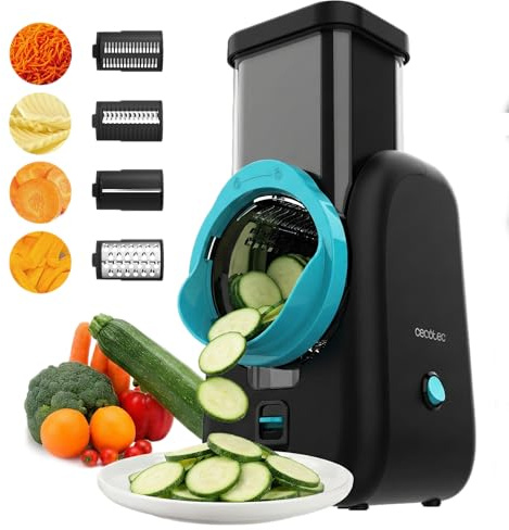 Cecotec Cortador Eléctrico de Verduras - Salad Maker - Total Blade Full Black. Procesador Alimentos, 4 Cilindros Intercambiables, Corta, Ralla y Lamina, Desmontable, Compacto, Ensaladas en Segundos