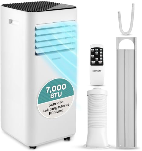 SereneLife Mobiles Klimagerät 7000 BTU 2,0kW für 28 m² – Air Conditioner mit Abluftschlauch, 3-in-1 mit Entfeuchter und Ventilator, Inkl. Fensterkit und Fernbedienung [Energieklasse A+++]