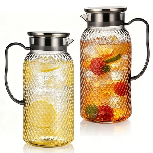 2 caraffe in plastica da 1,8 l con coperchio, senza BPA, trasparenti, per il tè freddo, per frigorifero, bevande fredde e calde, latte, limonata, caffè (grigio)