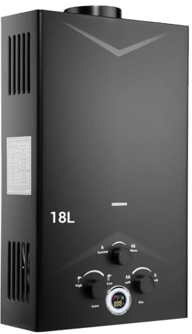 18L Chauffe-eau à Gaz,Chauffe-Eau Sans Réservoir Portable,Avec un Mode Hiver/Eté Équipé d'un écran Numérique et de Multiples Fonctions de Protection Pour Maison Camping Caravane Noir
