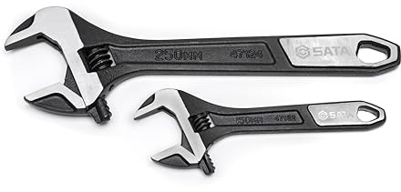 SATA ST47130 Rollgabelschlüssel, Einmaulschlüssel, Englender, Schraubenschlüssel Set verstellbar und extra breit 6/150 mm + 10/250 mm, mit Messskala in mm und schwarz oxidierter Oberfläche 2 Tlg.