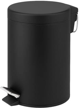 Innoteck Essentials Round Colour Coated Pedal Bin 3L Dustbin Size 26x17cm for Kitchen and bathroom, Matt Black, Powder Coated Steel, 3 Litre | Waste Paper Bin, Removable Inner Bucket, Hands-Free Pedal & Closed Lid