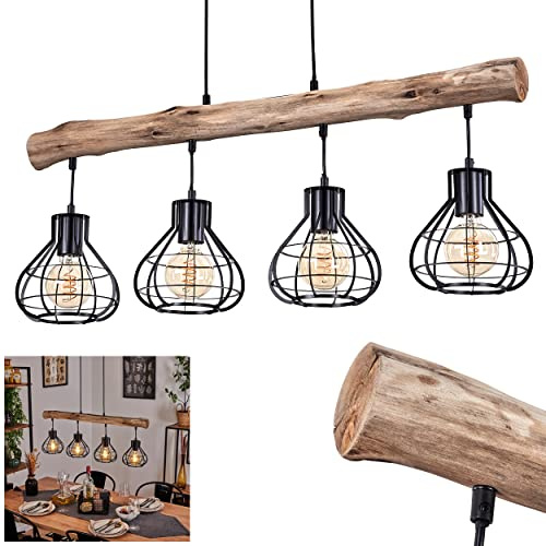 HOFSTEIN Pendelleuchte Gainesville, Hängelampe aus Metall/Holz in Schwarz/Natur, 4-flammig, 4 x E27, Hängeleuchte mit Holzbalken in Gitter-Optik im Vintage-Design, Höhe max. 122 cm