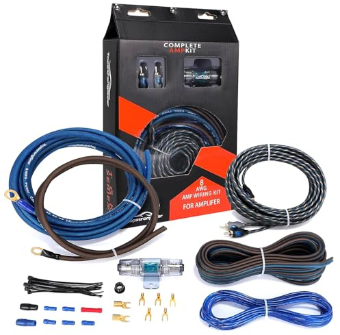 Kit de fils de calibre 8, 8 AWG CCA CCA pour installation d'amplificateur | Kit amplificateur et câblage pour caissons de basses avec câble de batterie de 6,1 m, câbles RCA, porte-fusible