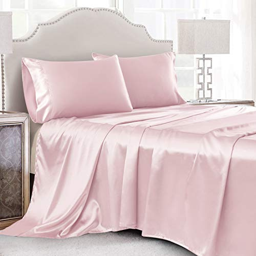 Cobedzy King Satin Bed Linen Set, 4Pcs Luxury Soft Silky Sheets with Deep Pocket Fitted Sheet, Blush Pink