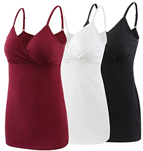 COLOMI Canottiere Premaman Allattamento Reggiseno Incorporato per Allattamento Canotta Base (Black+White+Red Wine/3Pack, L)