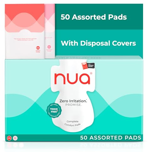 Nua Ultra Safe 50 Sanitary Pads for Women | 2 Sizes in 1: 25 Heavy Flow-XL+ & 25 Medium-XL | Safe on Skin | Toxic-Free & Rash-Free | with 50 Paper Disposal Pouches | Leakproof