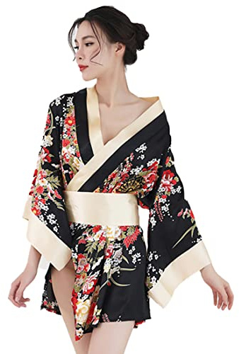 FSONA Vestito sexy giapponese Kimono per le donne Retro Geisha Anime Costume Cosplay Outift, Nero, taglia unica