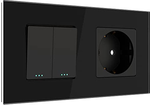 PULSAR Wechselschalter x2/Steckdose mit Kindersicherung Glas Schwarz 2Fach | Steckdose mit Wechselschalter 2-Fach Glas Schwarz - Lichtschalter Doppelt Unterputz mit Schutzkontakt-Steckdose 16A 250V