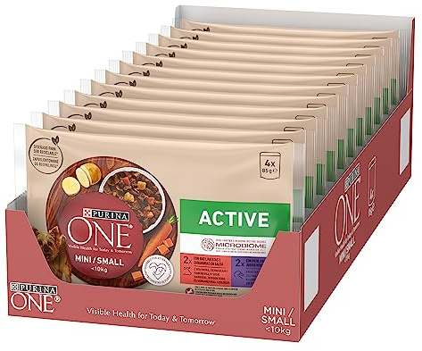 Purina ONE Mini <10 kg våtfoder för liten hund aktiv med oxe och anka, 12-pack med 4 påsar om 85 g - 48 påsar