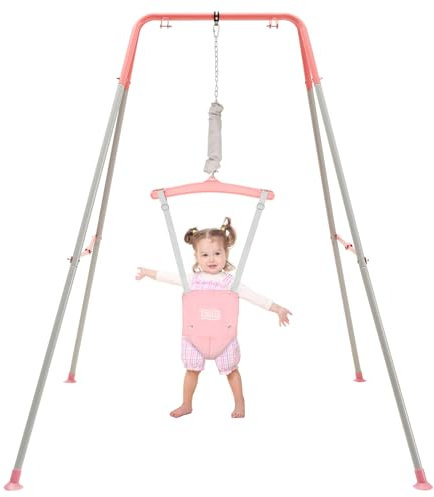 FUNLIO Baby Türhopser mit Ständer für 6–24 Monate, Baby Hüpfschaukel mit Gestell für Drinnen und Draußen, Tür Schaukel/Hängeschaukel für Kleinkinder mit Verstellbarer Kette, einfach zu Montieren, Rosa