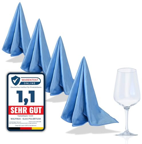 Walfinus Premium 4er Set blau Mikrofaser Gläserpoliertuch fusselfreies, streifenfreies, kratzerfreie Microfaser Glaspoliertuch für Spiegel und Hochglanzoberflächen ca 50-60cm Poliertücher