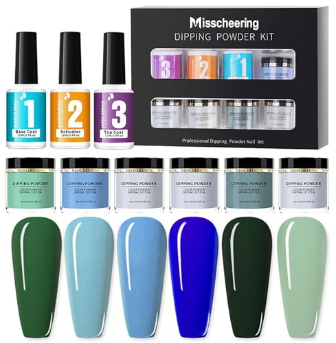 Dipping Powder Nails Kit, RoseFlower Ensemble de Doudre à Tremper avec 6 Couleur Nue, Poudre Ongle Vert Bleu, avec Couche de Base, Top Coat– Ensemble de Poudre à Ongles Français