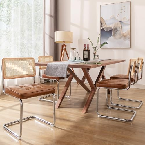 ONEVOG MCM Rattan Dining Chairs Set of 4, Faux Leather Retro Chair with Natural Solid Wood Back, Upholstered Cushion, Cantilever Chrome Leg, Armless Seat for Kitchen/Living Room/Patio/Bistro, Brown