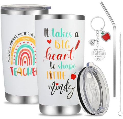 Teacher Gifts for Women 20oz Travel Mug with Keychain Thank You Gift | Personalised Teacher Mug, Teacher Water Bottle, Appreciation Leaving Gift for Teachers Colleagues Friends