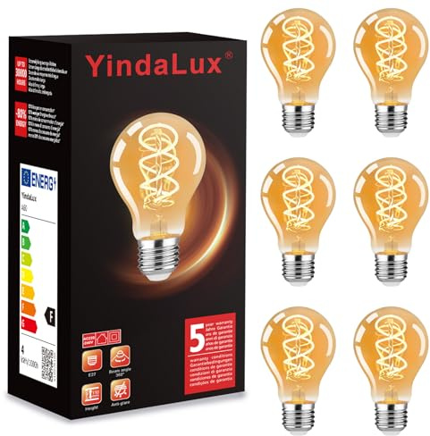 YindaLux 6er Glühbirne E27 LED Warmweiss 2200K 4W A60 Filament Lampe | Edison Vintage Leuchtmittel, Energiesparlampe, Dekoratives, Retro Birne Deko für Wohnzimmer Haus Café Bar, nicht dimmbar