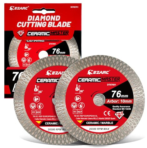 EZARC Diamant Trennscheibe 76mm Superdünn für Fliesen, Keramik, 2tlg | X-Zähne Turbo Mesh Rand, Schnittkante 10 mm, 1.2 mm Dünn, Wenig Absplittern, für Keramik, Porzellan, Trocken- und Nassschnitt