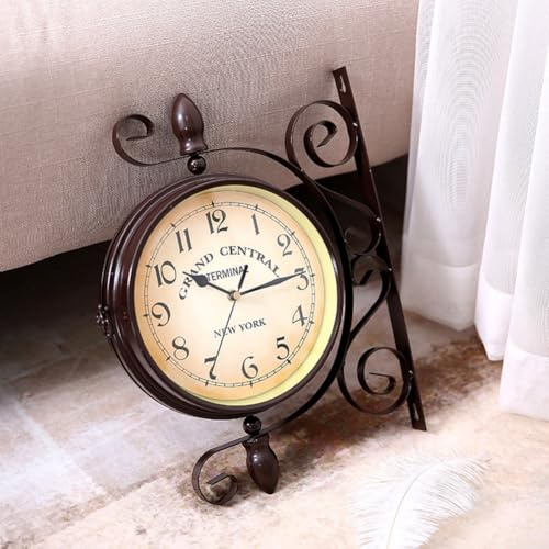 Horloge murale double face vintage en fer forgé style gare horloge murale double face pour la maison et le bureau