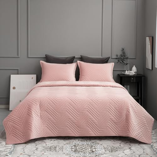 XIUWOUG Doppelte Tagesdecke, Gesteppte Decke, Bettüberwurf Mit 2 Kopfkissenbezügen, Feder-Seide-Baumwollfüllung, Samt,Rosa,220X240CM