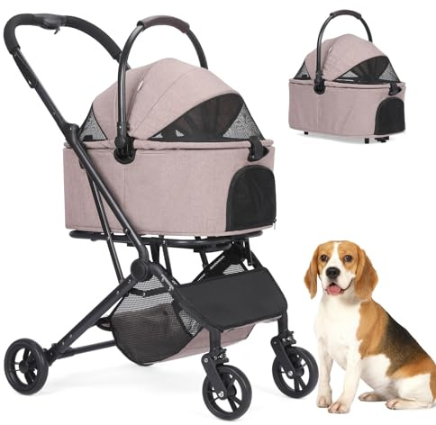 2-in-1-Hundewagen mit abnehmbarem Korb, faltbarer Welpenwagen für Hunde und Katzen, 4 Räder mit Aufbewahrungstasche, Haustierwagen mit 360° drehbaren Vorderrädern für Reisen im Freien (Kaffee)