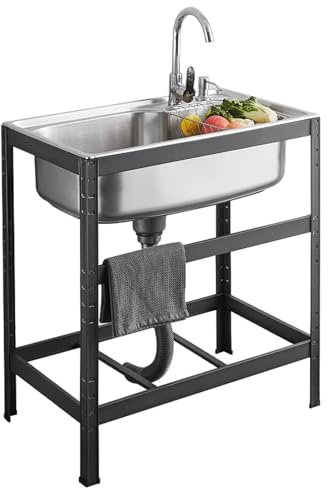 Commercial Grade Stainless Steel Kitchen Sink with Hot and Cold Faucets Free Standing Drainer Unit Portable Utility Sink for Garage Indoor and Outdoor Use Farmhouse Style