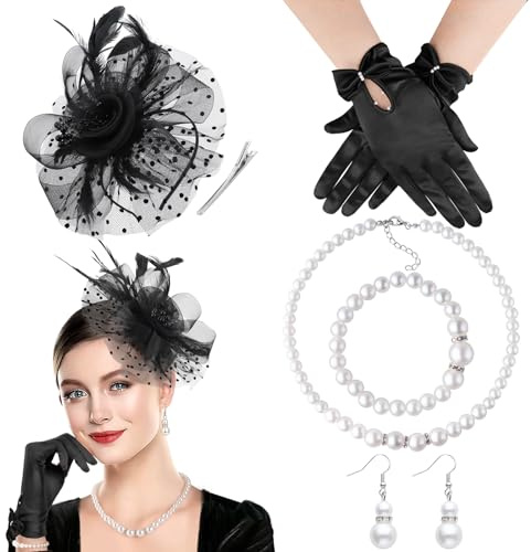 DRESHOW Fascinatorhatt för Kvinnor Slöja Mesh Tea Party Hatt Huvudbonad Fjäder Derby Hatt och Handskar Pärlsmycken för Cocktailer 1920-tals Accessoarset