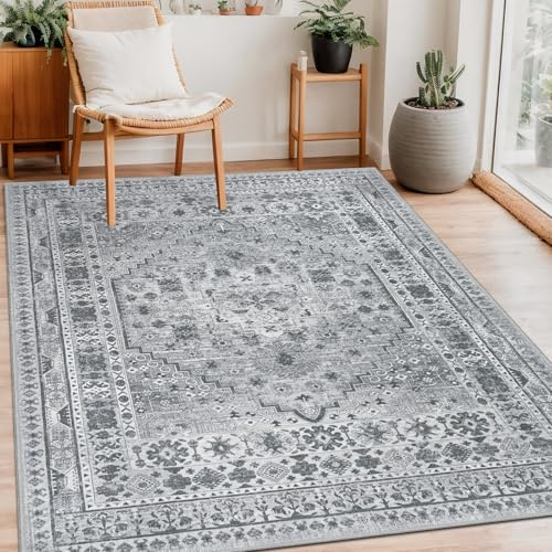 Capslpad Waschbare Teppiche für Wohnzimmer, 120 x 180 cm, Used-Look, Vintage-Teppich, rutschfest, traditionell, orientalisch, Schlafzimmerteppich, niedriger Flor, dünne Bodenmatte, Teppich für
