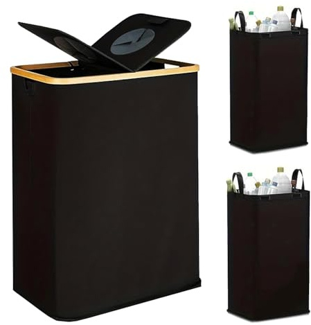 Xummi Collecteur de bouteilles consignées de 140 l, 2 compartiments avec trou, couvercle et 2 sacs de transport, grandes bouteilles de consigne, rangement pour produits vides et verre usagé (noir, 140