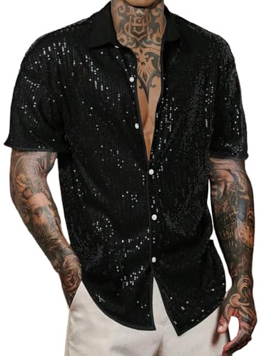 TDEOK Glitterskjorta Herr Guld Metallic Glänsande Vintage Glitter Skjorta Fritid Skjorta För Män Normal Passform Kortärmad Casual Sommarskjorta Andas