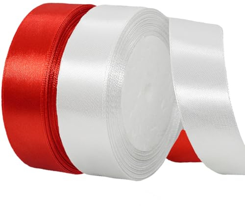 2 Rollen Satinband 20mm Breit Weiß, Geschenkband Weiss und Rotes Schleifenband Stoff Satinbänder für Blumensträuße, Geschenkverpackung, Weihnachten, Hochzeit und DIY Kunsthandwerk