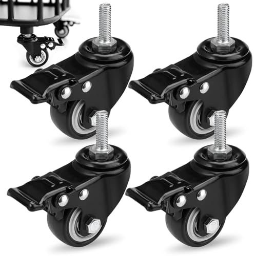 Lot de 4 roulettes de meuble de 50 mm, M8 x 25 mm, pour charges lourdes, avec frein, rotation à 360°, pour l'intérieur et l'extérieur, couleur : noir