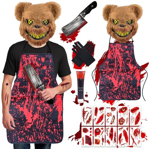 MKAKYES Ours d'Horreur Deguisement, Costume Ours Horreur, Deguisement Halloween Homme Femme avec Masque d'horreur Ours, Tablier, Gants, Couteau Halloween, 10 Tatouages Autocollants et Faux Sang