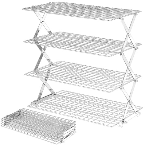 BEWOS 4 Tier Collapsible Cooling Rack - Adjustable Stainless Steel Baking Rack with Leak-Proof Mesh, X-Shaped Structure Cooling Rack for Cooking and Baking, Dishwasher Safe