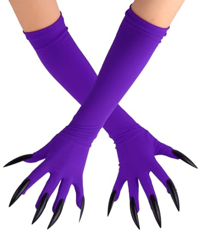 Goktvai Halloween Krallen Handschuhe, Hexenkostüm Pfoten Handschuhe mit Langen Künstlichen Fingernägeln Werwolf und Katzen Cosplay Krallen für Maskerade (Lila)