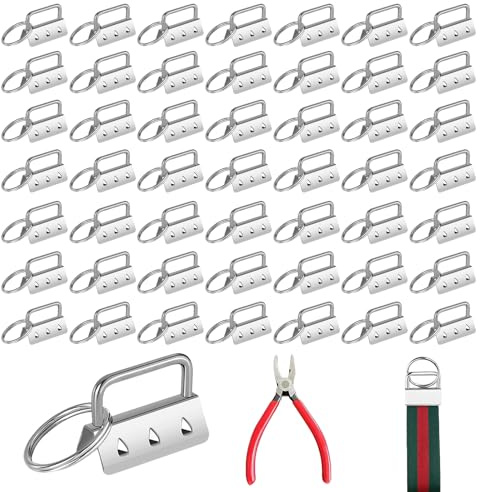 50 Stück Schlüsselband Rohlinge, 32mm Schlüsselanhänger Hardware Set, Klemmverschluss mit Schlüsselring und 1 Falzzange, Schlüsselband Rohlinge für DIY Lanyards, Armbänder, Silber