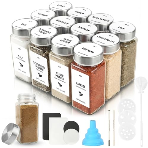 JAECU 12 Piezas Botes Especias Cristal con Tapa de Acero Inoxidable, 120ml Frascos Especiarias Vidrio, Aptos para Cajones y Armarios de Cocina (Plateado) | Recipientes cuadrados pequeños para condimentos con agitador, para hierbas, sal, pimienta, mensajes, plata