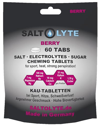 SALTOLYTE 60 comprimés à croquer TABS Sel & Elekrolyte avec sodium, potassium, calcium et magnésium pour le sport, la chaleur, la transpiration (60, baie)
