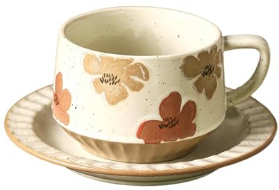 HUMOCHUSON Tazza Colazione Set Di Tazze E Piattini Da Caffè In Ceramica Smerigliata Retrò Da 300 Ml, Tazza Da Latte Americano In Gres, Adatta Per Bar - Flower Language