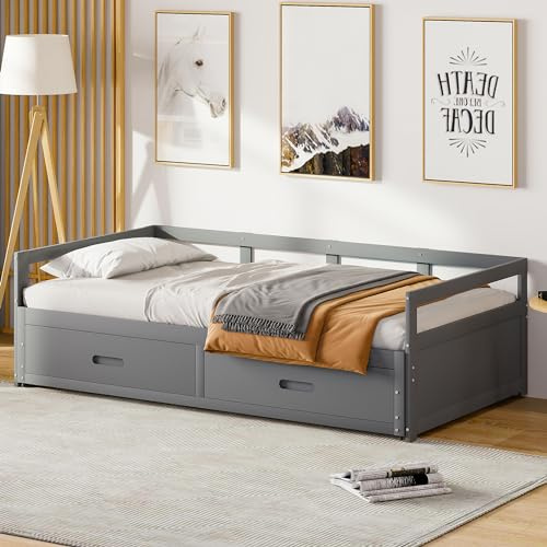 Hmdpoo Cama Extensible de Pino con Cajones, Sofá Cama Convertible 90/180x200 cm, Marco de Madera Gris con Somier, Almacenamiento y Ruedas