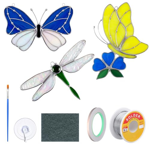 LemonRoad 3 Sets Garden Insect Pre Cut Stained Glass DIY Stained Glass Craft Kit with Solder Wire, Flux Brush for Adult Make Your Own Beautiful Art Handcrafts for Women Gifts Home Decor