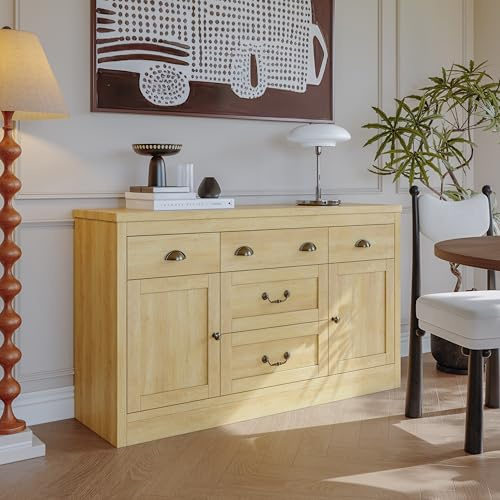 Sideboard, Küchenschrank mit 2 Türen und 5 Schubladen, skandinavisches Aufbewahrungsmöbel, modern, Sideboard, Wohnzimmer, aus Holz, Aufbewahrungsschrank für Eingangsbereich, 135x39,8x80cm,Gelb