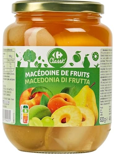 CARREFOUR CLASSIC' - Macédoine de 6 Fruits au Sirop - Pêches, Poires, Abricots, Ananas, Reines-Claudes, Raisins - le bocal de 480g net égoutté - 820g - Le Lot De 4