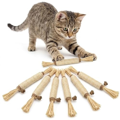 ThriveMart 6 Pack Catnip Chew Toys for Indoor Cats | Natural Cat Teeth Cleaning Sticks with Raffia & Fruit,Kitten Teething Toys for Boredom & Stress Relief