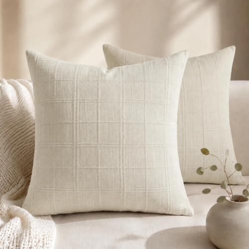 40x40 Kissenbezug Boho Outdoor Leinenoptik Kariert atmungsaktiv Dekokissen | Beige Kissenbezug 2er Set für Couch Lounge Balkon Terrasse Garten Wohnzimmer Bettwäsche Kopfkissen