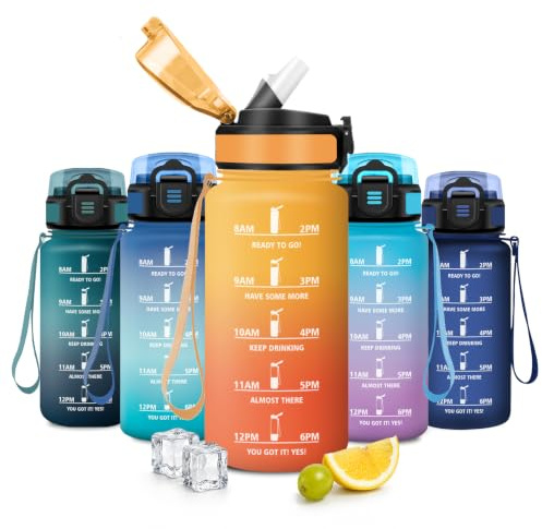 JAPORIA Wasserflasche 500ml, Trinkflasche mit Strohhalm, Trinkflasche mit Zeitmarkierung, Sportflasche Kohlensäure Geeignet, BPA-frei, für Schule, Outdoor, Wandern