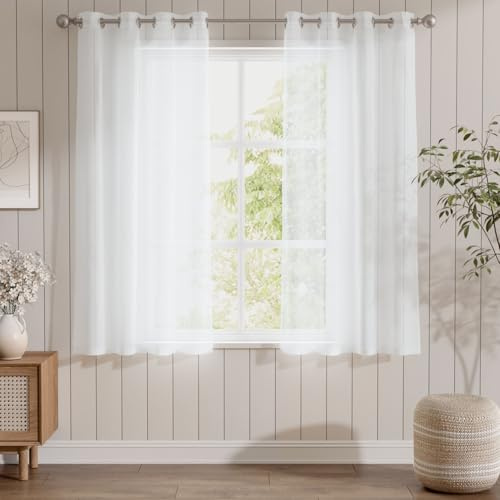 TOPICK Voile Vorhang Mit Ösen Kurz Sheer Vorhänge Transparent Gardine Gaze Paarig Ösenschals für Wohnzimmer Schlafzimmer Küche 175 x 140 cm(HxB) 2er Set Weiß