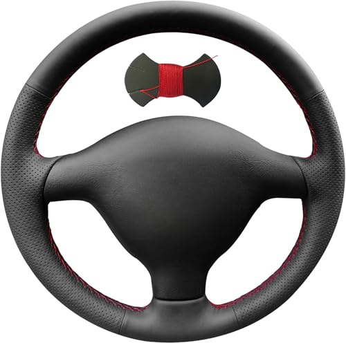 Lenkradbezug aus schwarzem Leder für Volkswagen VW Golf 4 Passat B5 1996-2003 Skoda Fabia RS 2003 Polo 1999-2002 Seat Leon 1999-2004 (roter Faden)