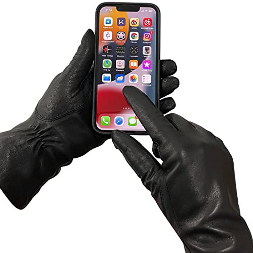Harssidanzar Lederhandschuhe Damen,Damen Italienische Lammfell Lederhandschuhe Kaschmir Gefüttert Touchscreen, Schwarz, XL